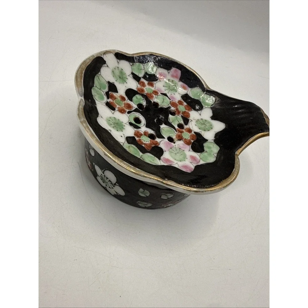Black Floral Handpainted Decorative Japanese Vintage Ceramic Tea Bag Holder